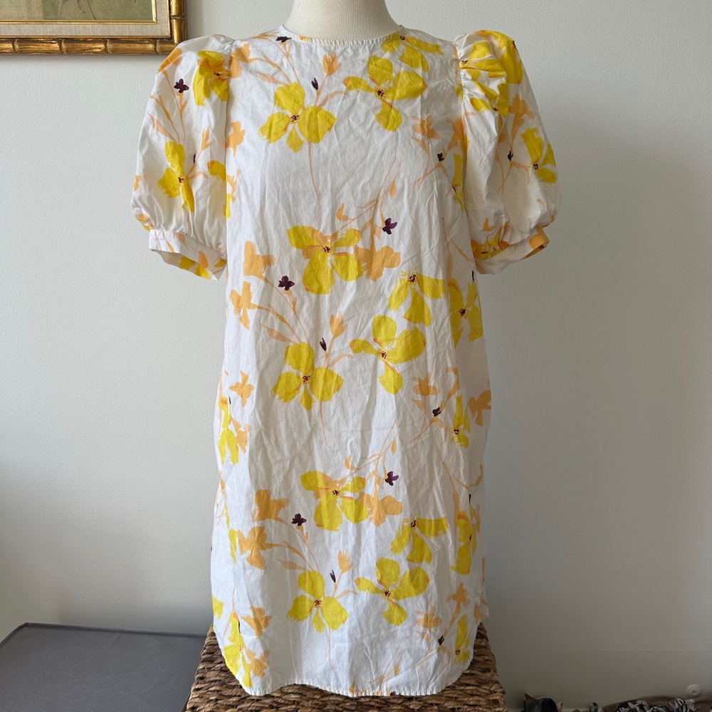 Yellow Orange Floral Dress Swing Style Balloon Sleeves Cotton Poplin Siz…